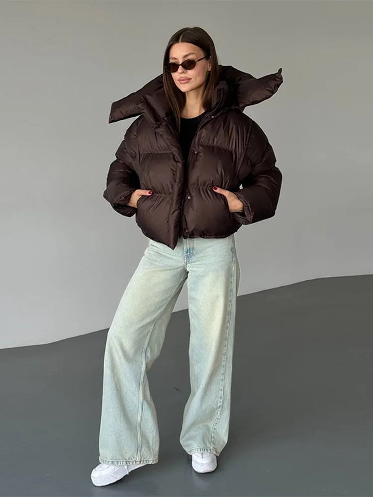 Cropped Quilted Hooded Jacket for Women - Oversized Winter Coat 2
