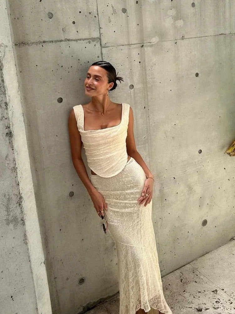 Elegant Women's 2 Piece Maxi Dress Set - Lace Up Crop Top and Formal Skirt for Wedding Guest and Special Events 1