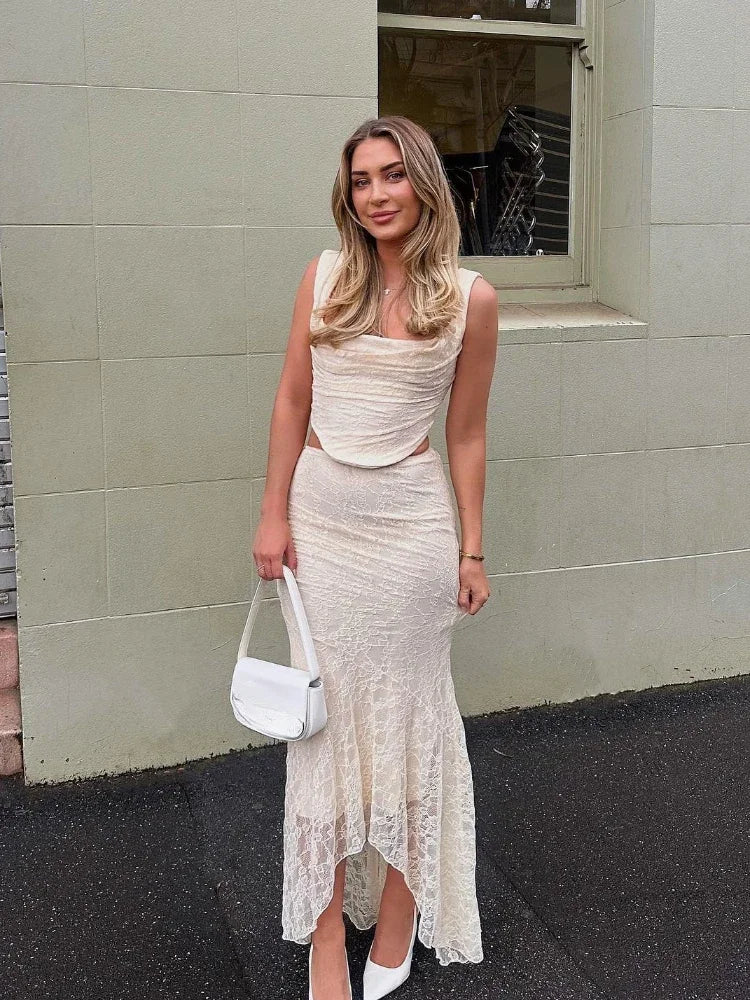 Elegant Women's 2 Piece Maxi Dress Set - Lace Up Crop Top and Formal Skirt for Wedding Guest and Special Events 2