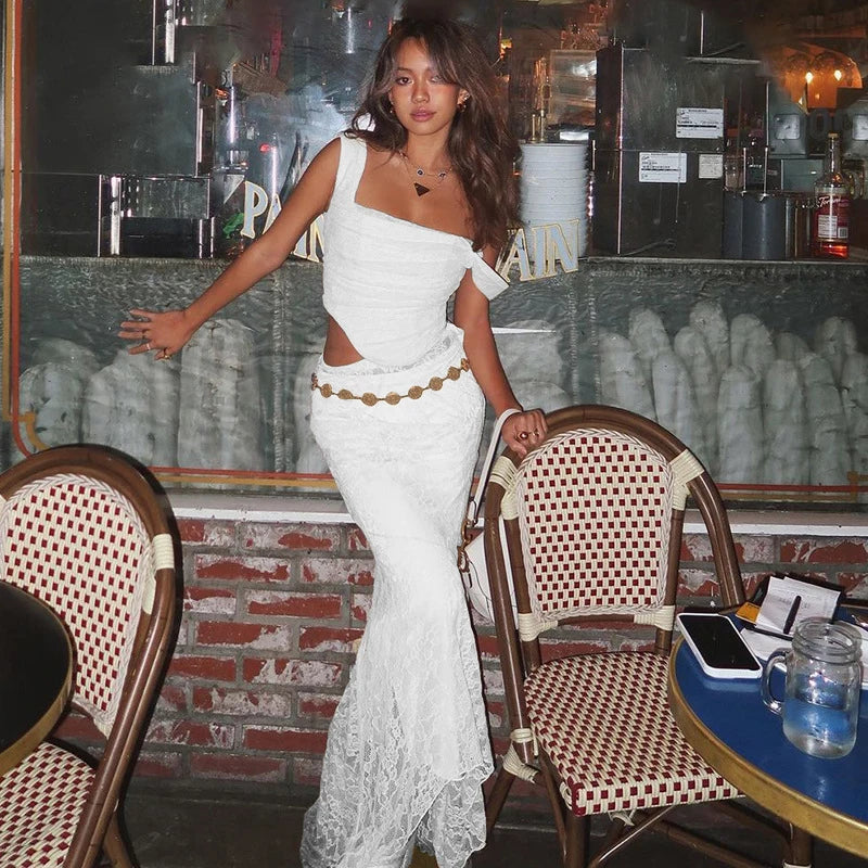 Elegant Women's 2 Piece Maxi Dress Set - Lace Up Crop Top and Formal Skirt for Wedding Guest and Special Events 6