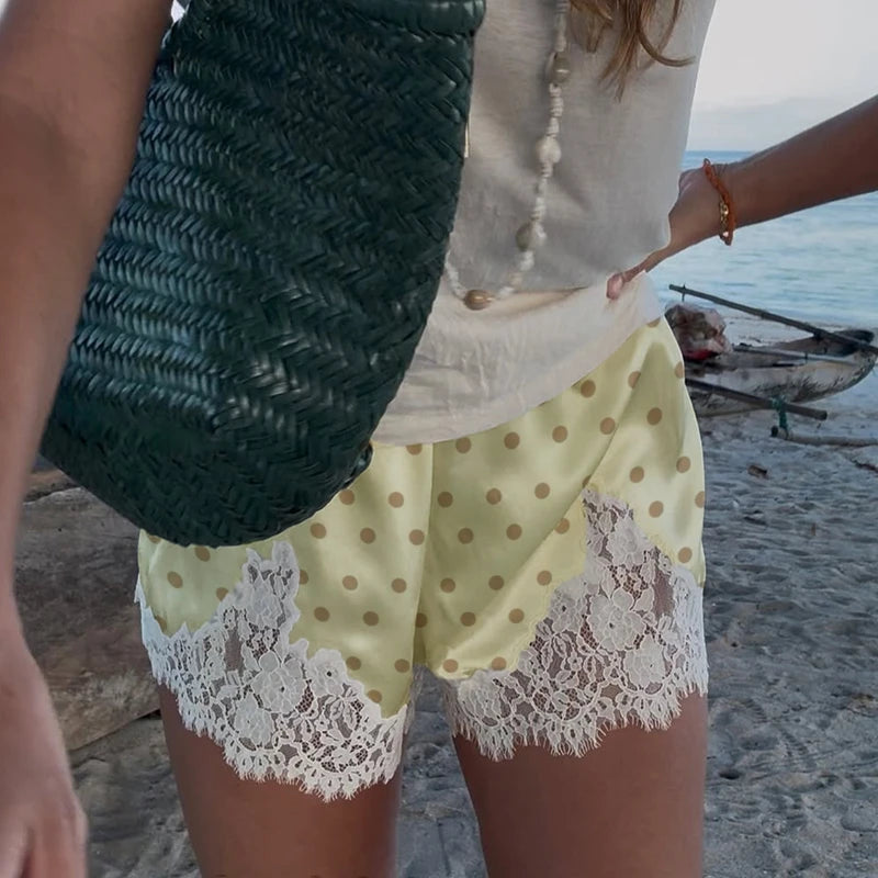 Polka Dot Satin Silk Lace Trim High Rise Shorts for Women - Vintage Lounge Knickers Sleepwear 8