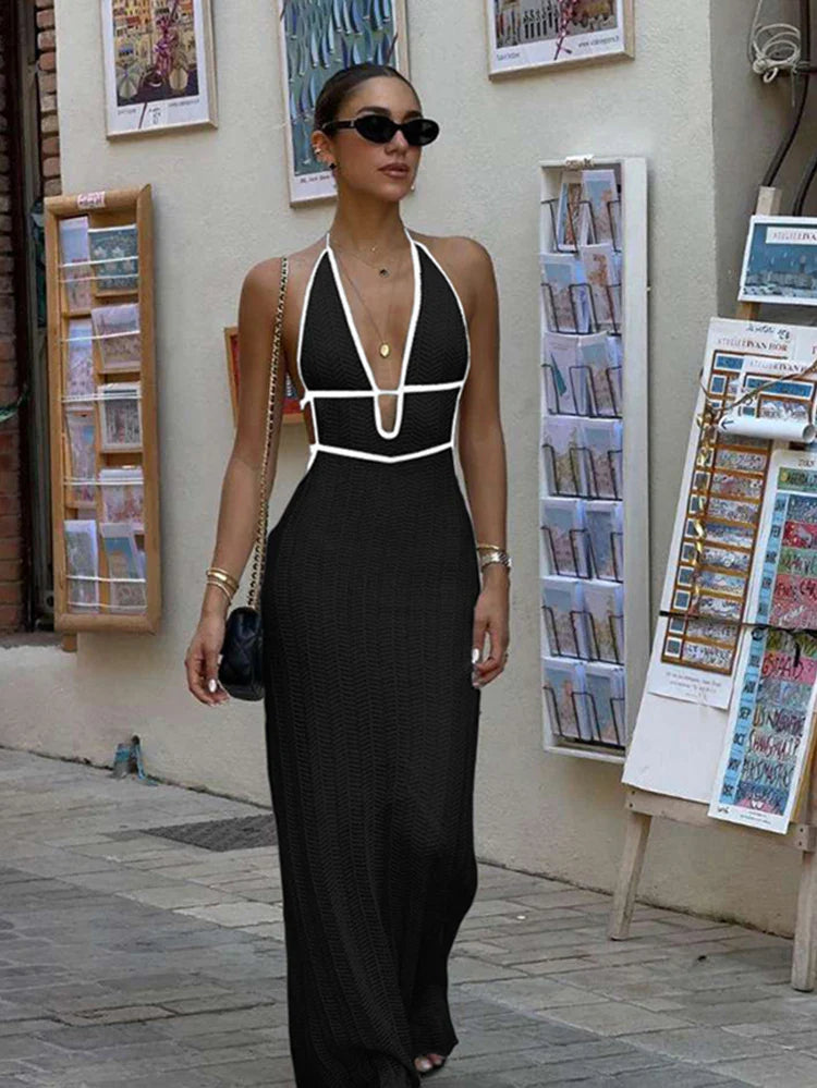Rochie maxi halter Harley cu șireturi