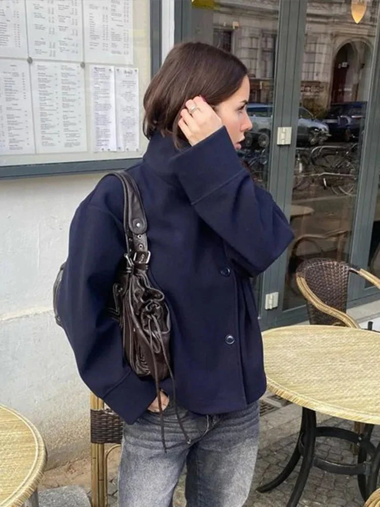 SEAME - Rosalia Elegant Lady Women's Jacket with Stand Collar for Autumn Style Navy Blue S