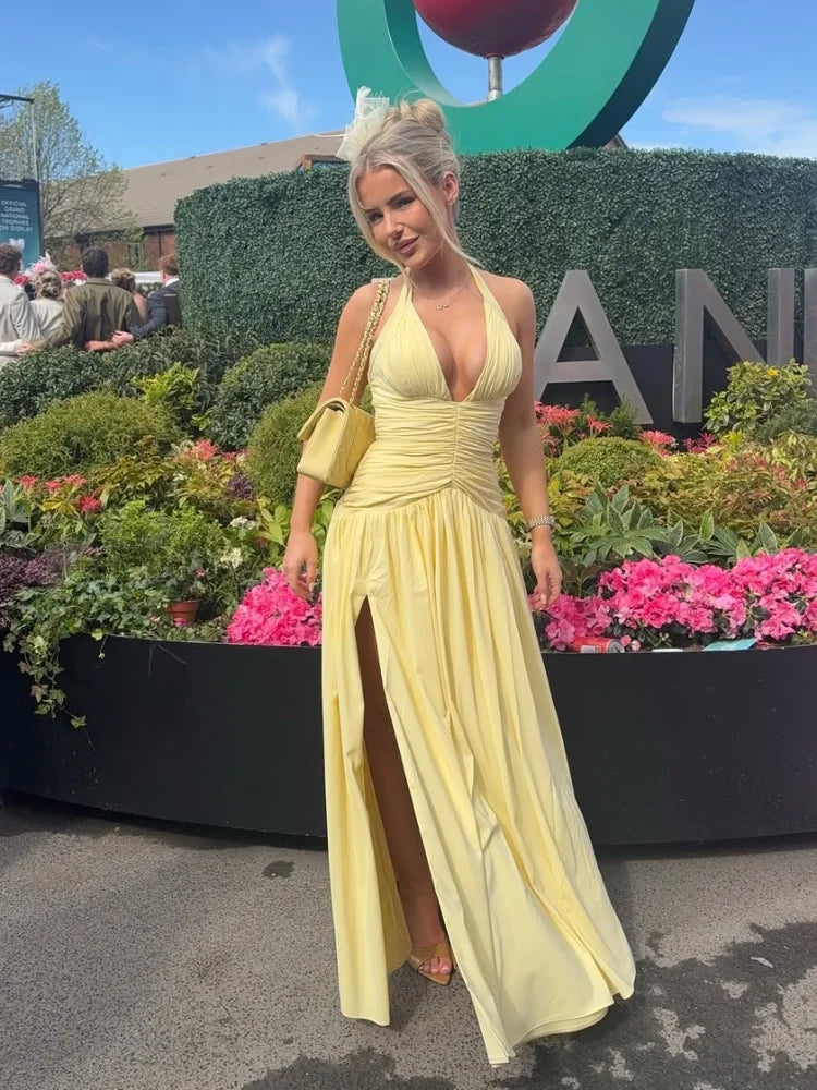 Robe maxi Helena froncée décolleté plongeant fendue