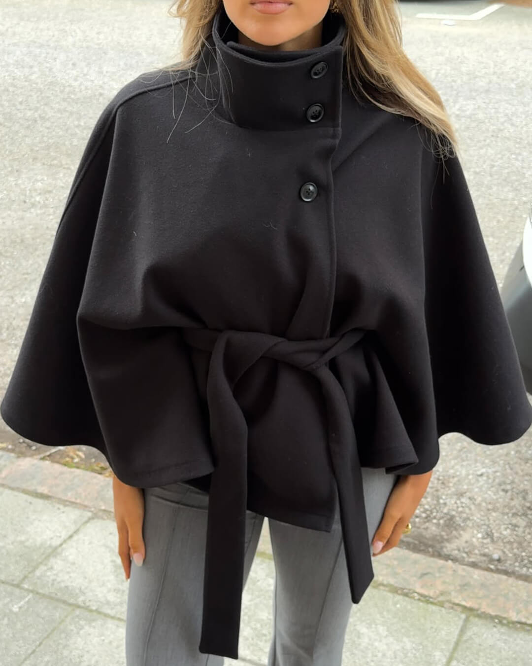 Soera Gianna Elegant High-Neck Belted Cape Jacket 