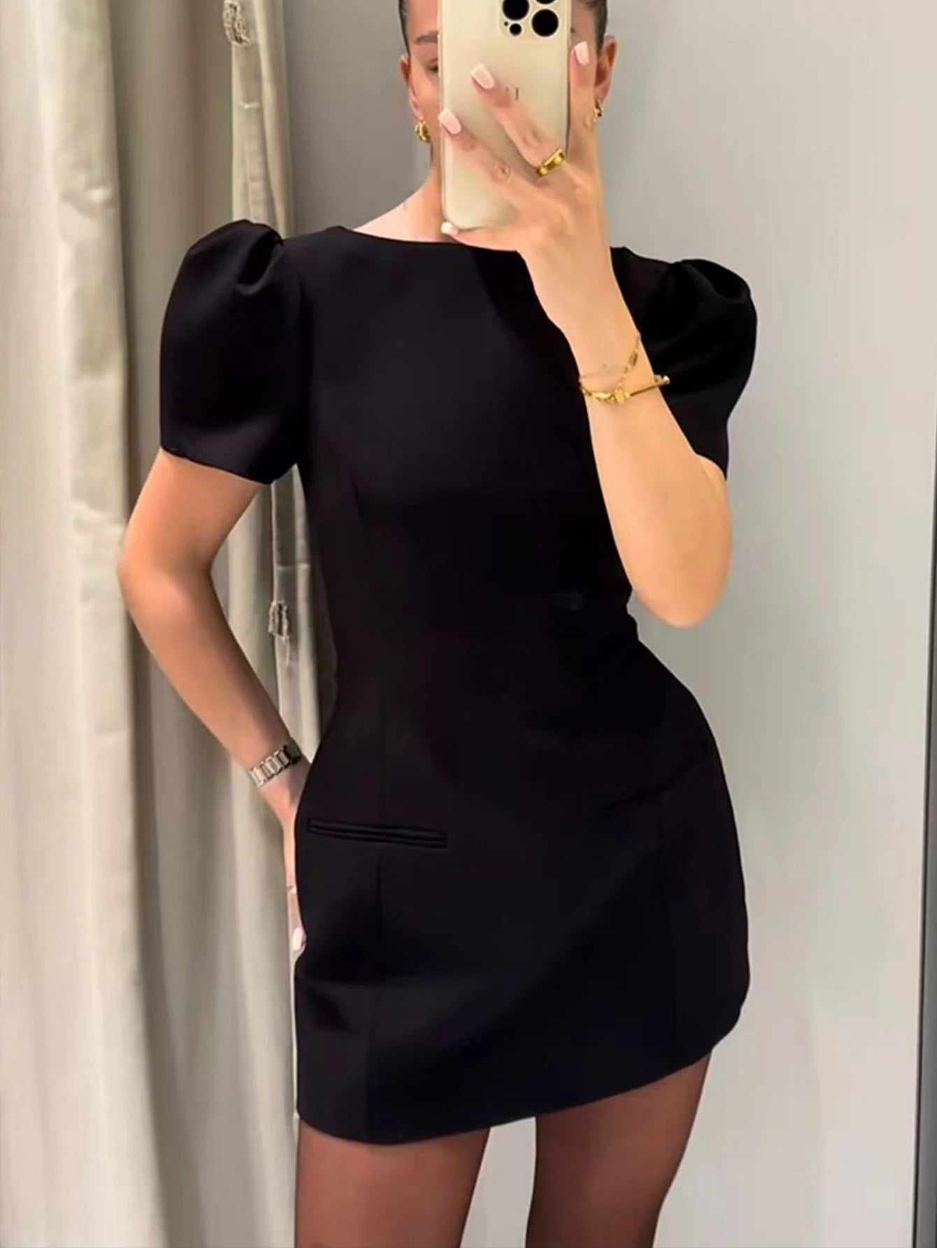 TFMLN Women's Black Short Puff Sleeve Cocktail Dress - Elegant Evening Party Dress 4