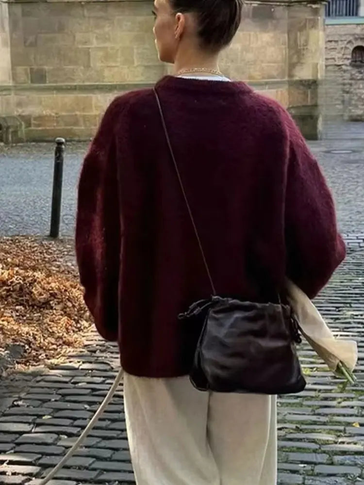 Vintage Wine Red Women's Sweater - Long Sleeve Knitted O Neck Pullover 1