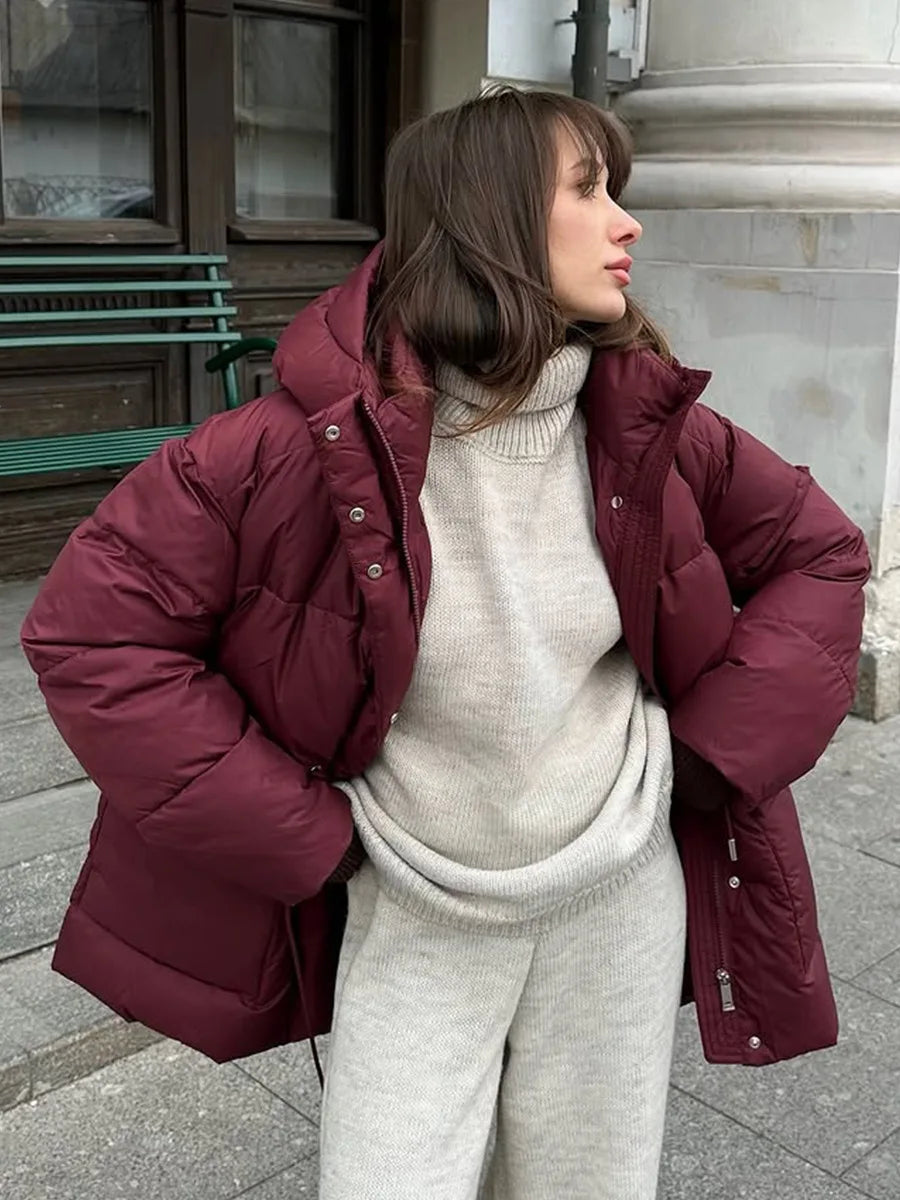 Winter Coats Women - Wine Red Hooded Puffer Coat with Drawstring Waist 2