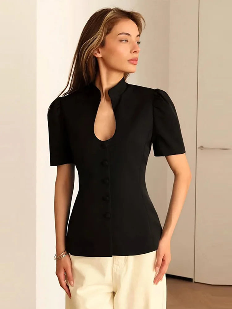 Women's Black Blazer - Fashion Solid Stand Collar Slim Fit Casual Lantern Sleeve Jacket 2