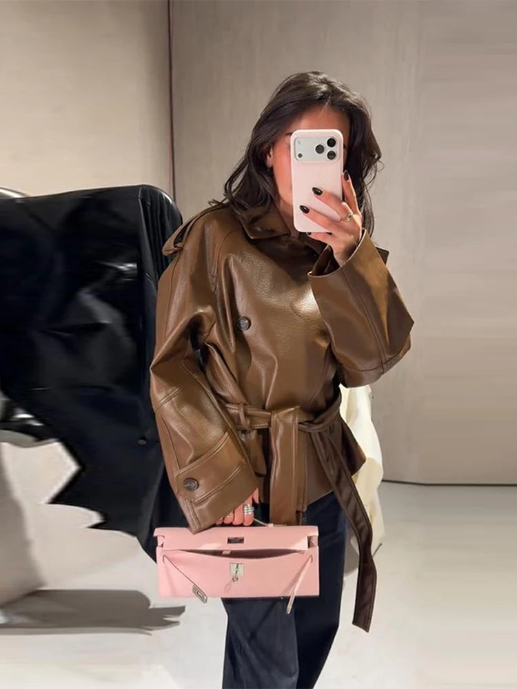 Women's Cropped Faux Leather Trench Coat with Belted Waist - Oversized Brown Jacket for Spring 2