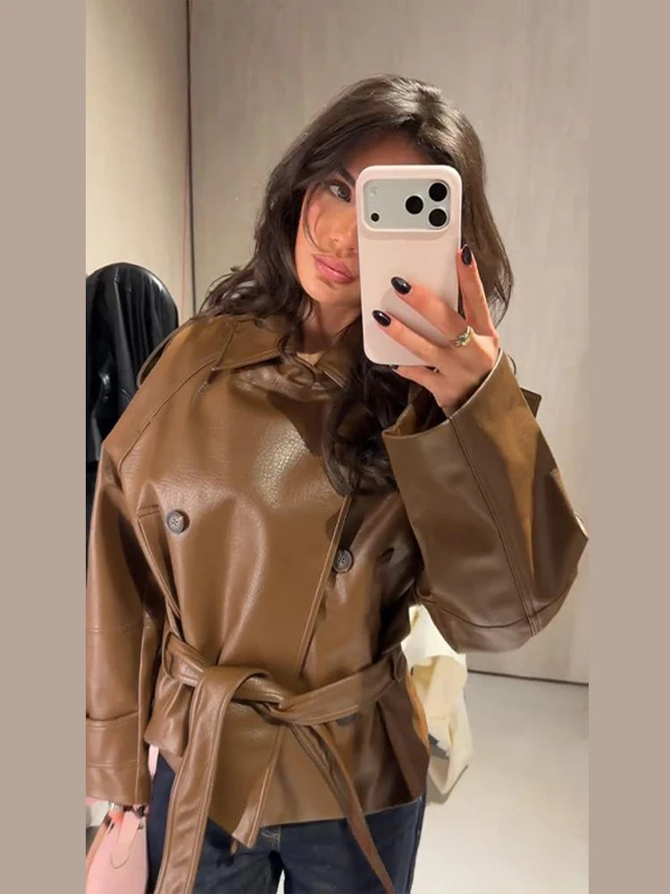 Women's Cropped Faux Leather Trench Coat with Belted Waist - Oversized Brown Jacket for Spring 3