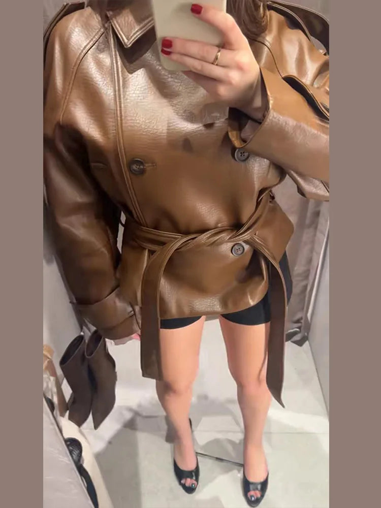 Women's Cropped Faux Leather Trench Coat with Belted Waist - Oversized Brown Jacket for Spring 4