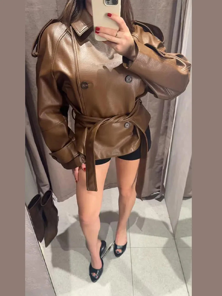 Women's Cropped Faux Leather Trench Coat with Belted Waist - Oversized Brown Jacket for Spring 5