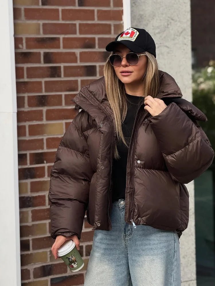Women's Deep Brown Hooded Puffer Jacket - Casual Winter Coat for Women 5