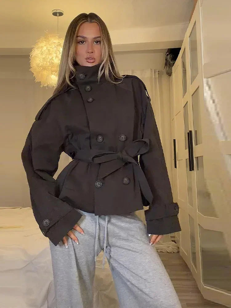 Women's Double Breasted Cropped Trench Coat - Casual Long Sleeve Outerwear for Women 3