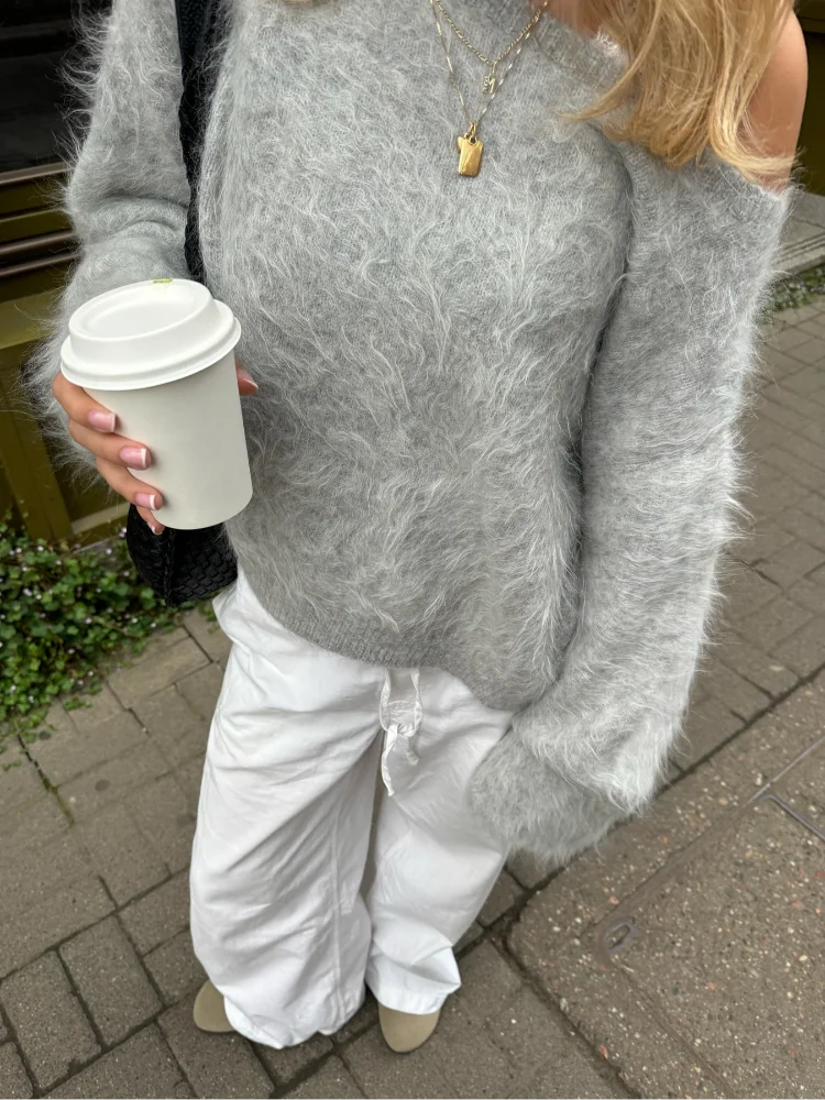 Women's Off-Shoulder Mohair Sweater - Cozy Casual Knit Pullover for Autumn 4