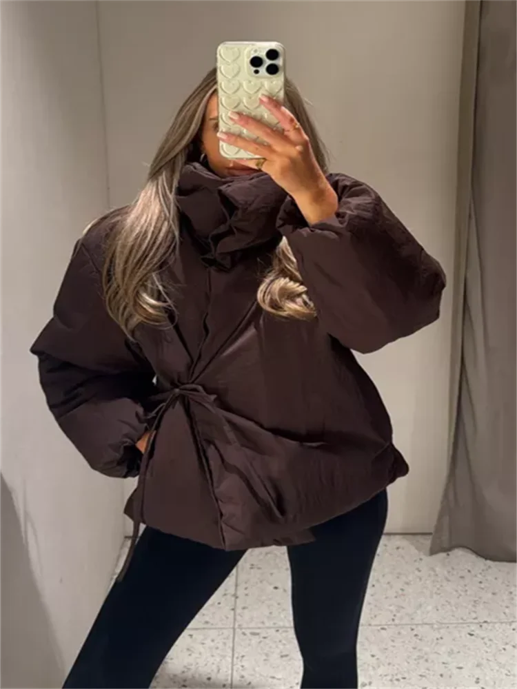 Women's Puffer Jacket - Stylish High Collar Brown Winter Coat with Tie Waist 0
