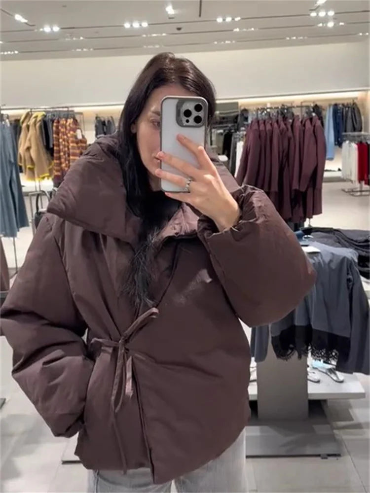 Women's Puffer Jacket - Stylish High Collar Brown Winter Coat with Tie Waist 1
