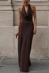 Celeste Brown Halter Backless Maxi kleit