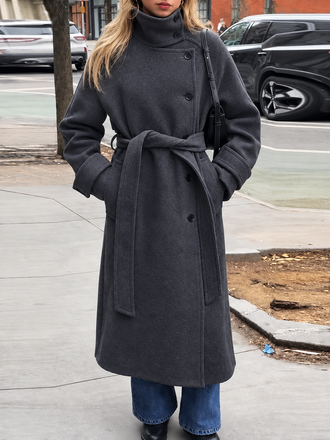 Cappotto Claudine Lungo con Cintura e Collo Alto