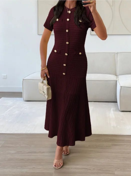 SOERA Clara Gold Button Retro Flared Midi Dress - Dresses - SOERA-672579-CLA-S-11747 Claret S