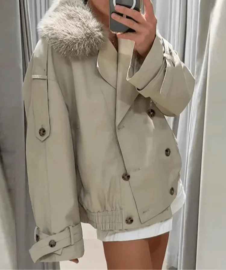 SEAME - Camille Trench Coat with removable Faux Fur Collar Creme XS