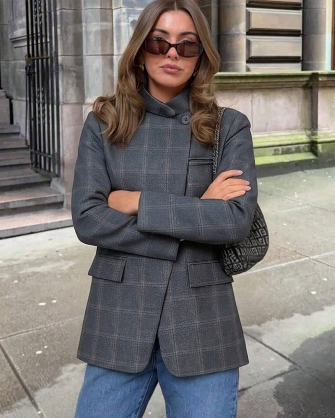 SOERA Katie Plaid Stand Collar Blazer - Blazer -  Charcoal S