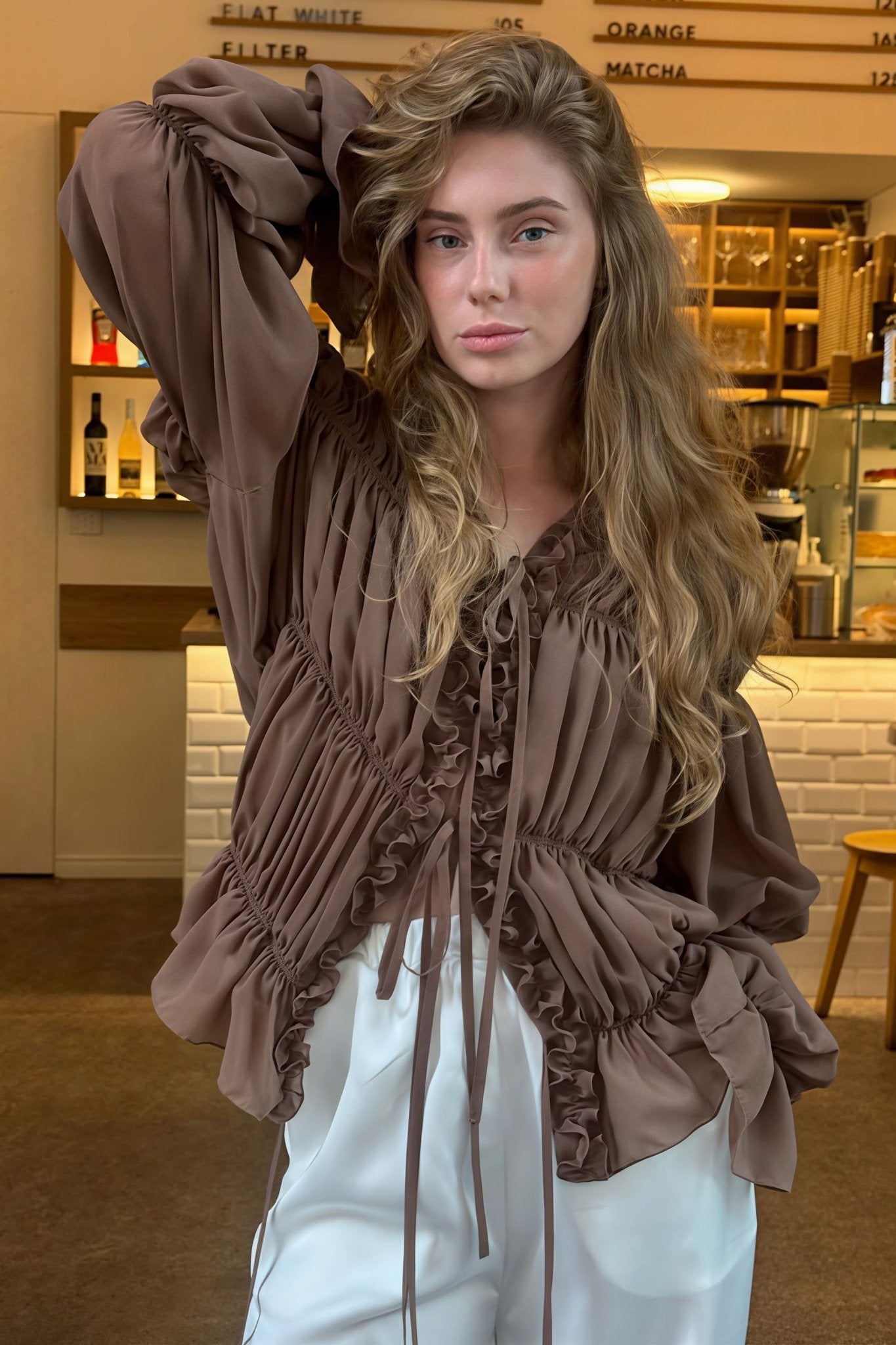SOERA Beatrice Ruched Ruffle Tie Blouse - Blouse -  Brown S