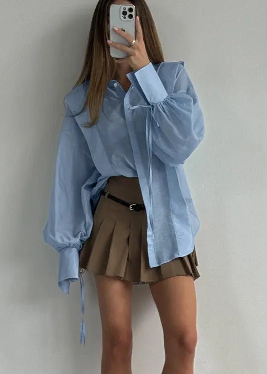 SOERA Isabella Oversized Ribbon - Tie Puff Sleeve Shirt - Blouse -  Blue M