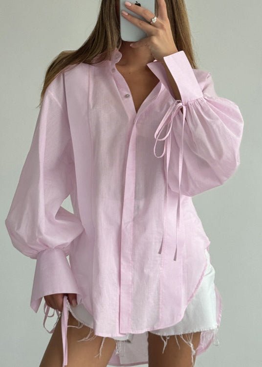 SOERA Isabella Oversized Ribbon - Tie Puff Sleeve Shirt - Blouse -  Pink S