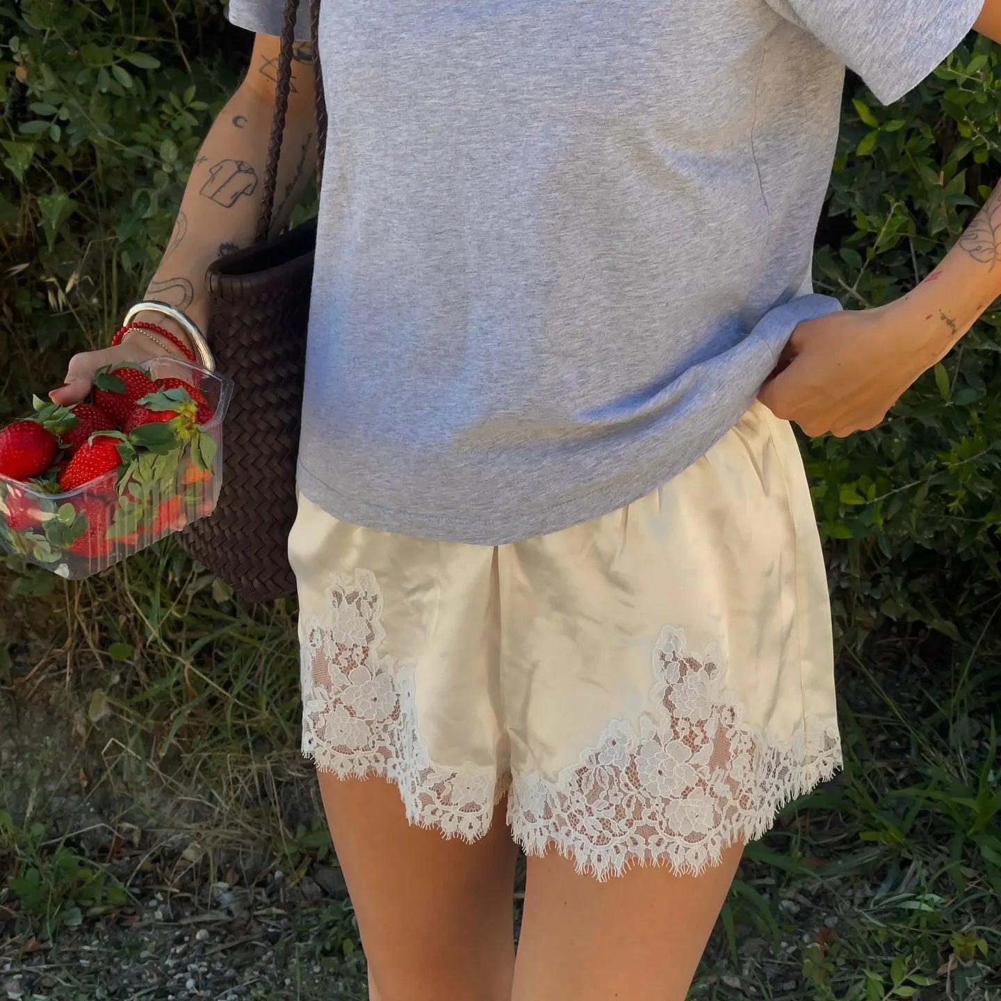SOERA Dominique Satin Silk Lace Shorts - Bottoms -  Light Blue S