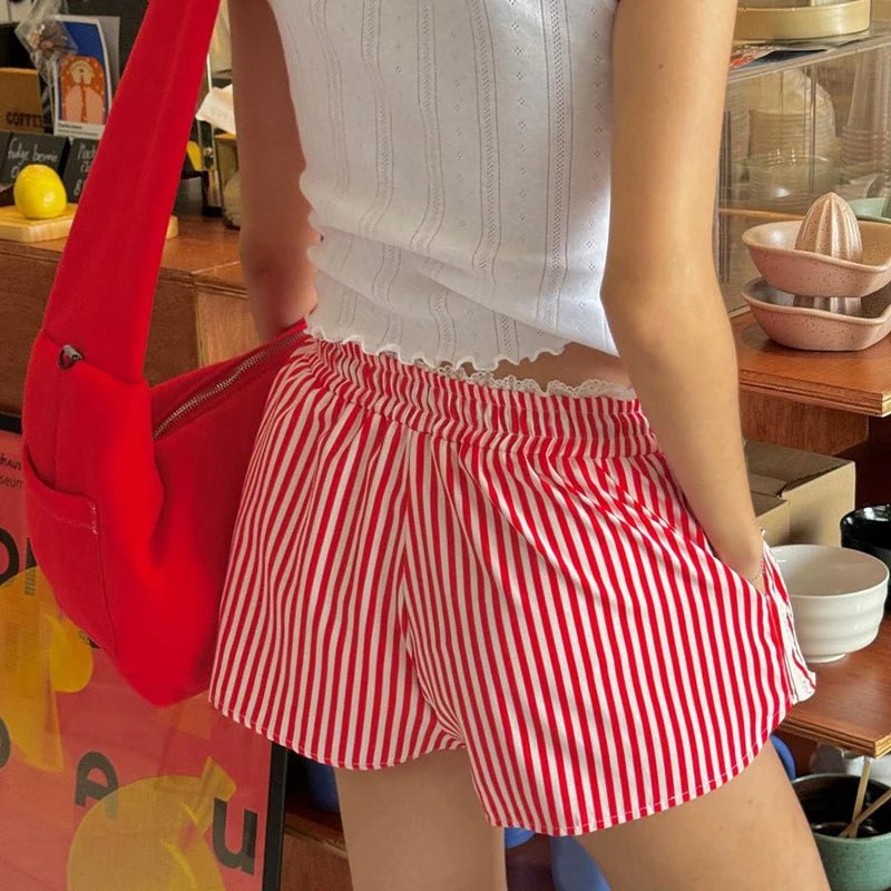 SOERA Ruby Striped Drawstring Shorts - Bottoms - WQ1774929987193037092 Red M