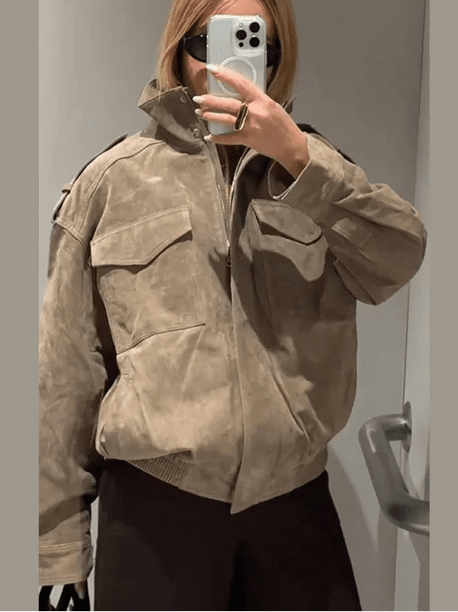 SOERA Marianne High Neck Suede Pocket Jacket - Coats & Jackets - 1005008551331900-;yQ1775552729666534774 Dark Gray XS