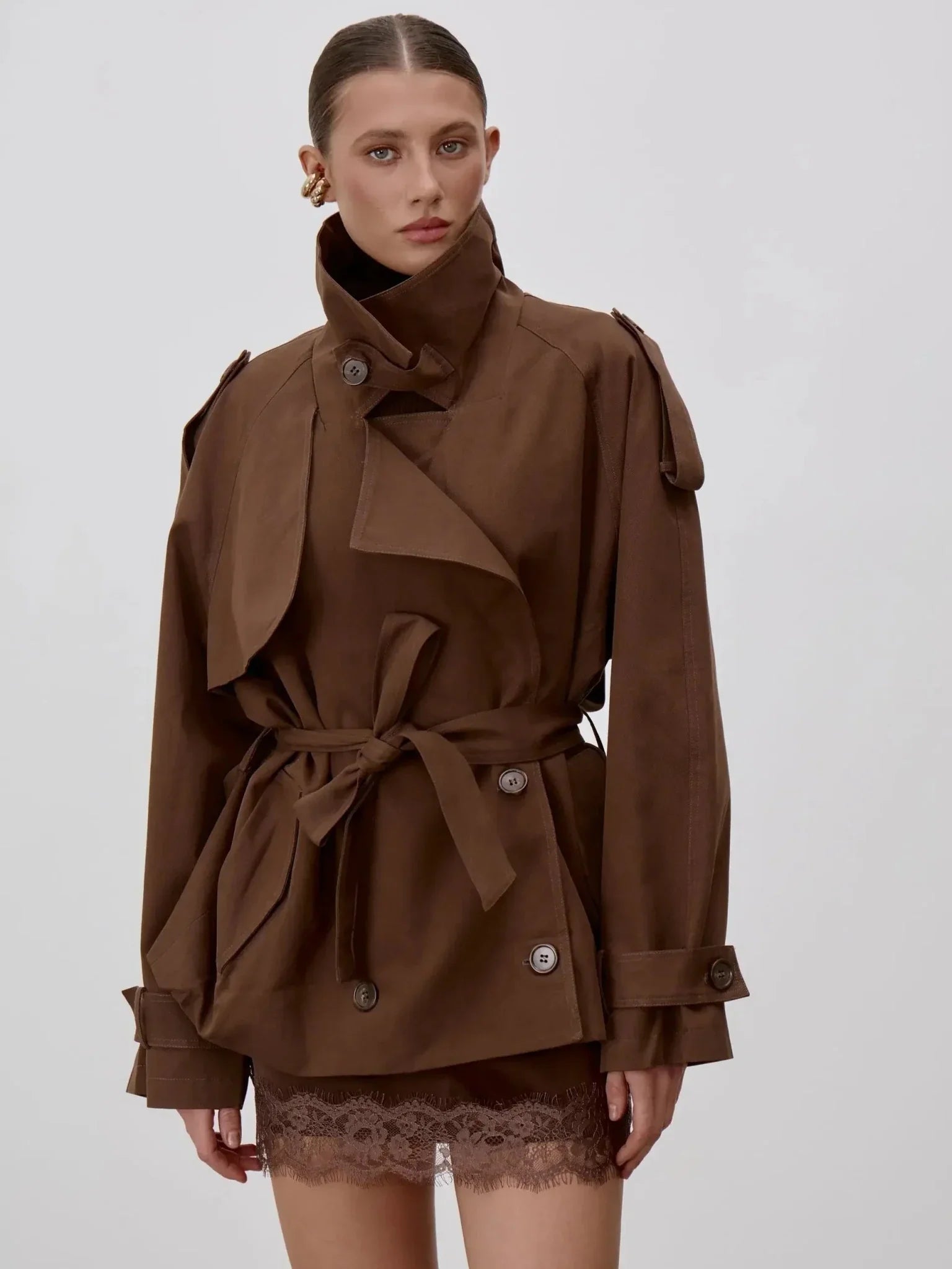 SOERA Octavia Lace-Up Stand Collar Trenchcoat - Coats & Jackets -  Beige S