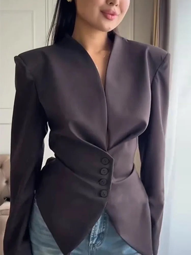 SOERA Tricia Structured Shoulder Cinched Blazer - Coats & Jackets - 1005011660132024-;qf1772045930022570680 Brown S