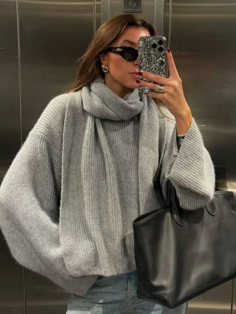 SOERA Xia Loose Knit Pullover with Scarf - Coats & Jackets - 3256809735915458-;ew1761548494741066192 Gray S