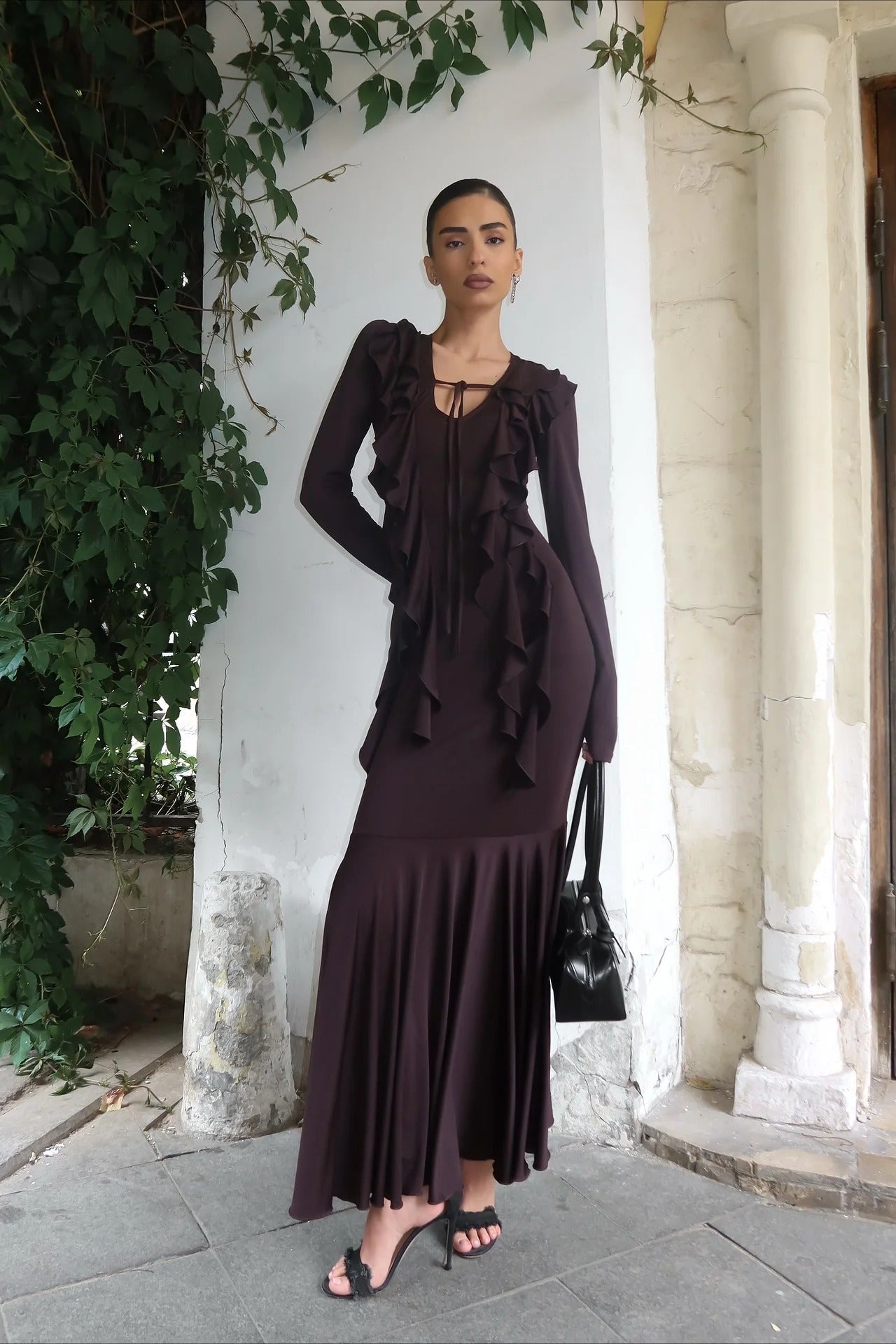 brown long sleeve ruffle dress Chocolate dress with ruffles, open shoulders