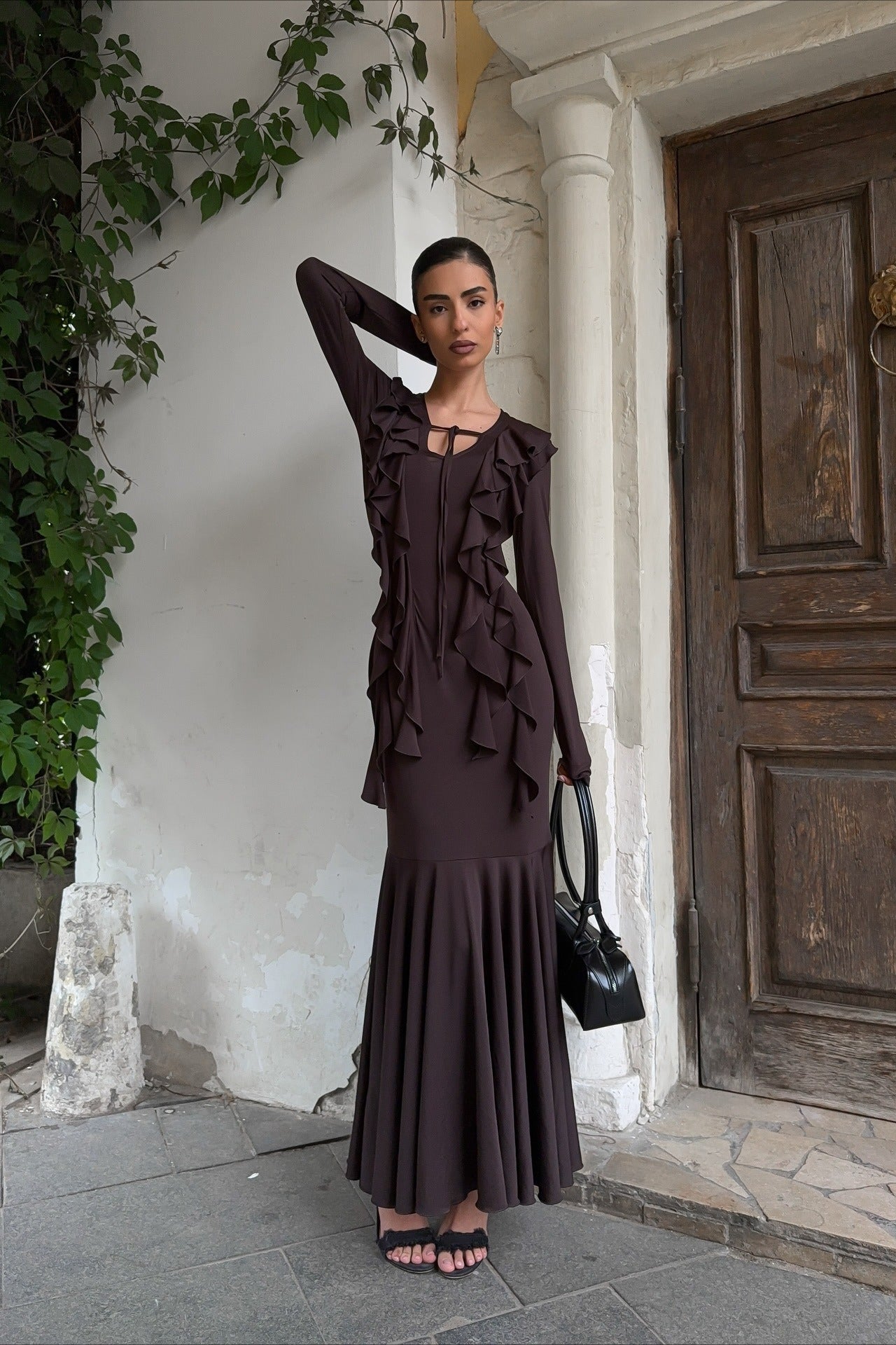 SOERA Arielle Ruffled Long - Sleeve Maxi Dress - Dress -  Brown S