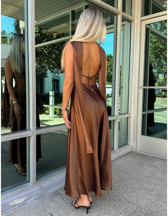 SOERA Astraea Satin Maxi Dress with Scarf - Dress -  Brown XS