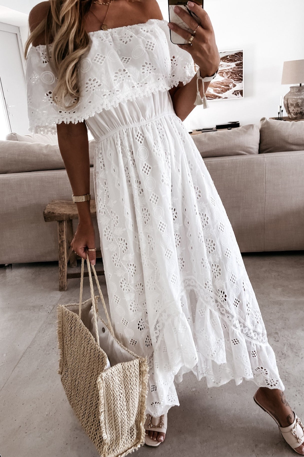 Aurore Boho Off-Shoulder Maxi Dress in White, Women's Boho Off-Shoulder Maxi Dress, Lace Detail Cut-Out Detail Design, SOERA Aurore Boho Off-Shoulder Maxi Dress in White, Women's Boho Off-Shoulder Maxi Dress, Lace Detail Cut-Out Detail Design, SOERA