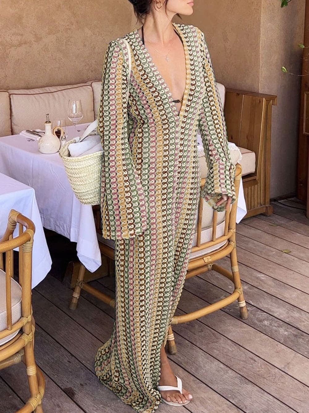 Beatrice Crochet Stripe Maxi Dress in Pink, Women's Crochet Stripe Maxi Dress, Open-Knit Construction, Bohemian Style, Warm Weather Beach Dress, SOERA