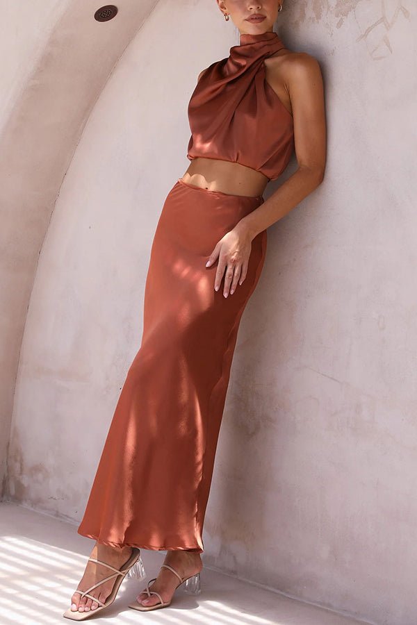 SOERA Beatrice Two - Piece Satin Wedding Guest Set - Dress -  Brown S