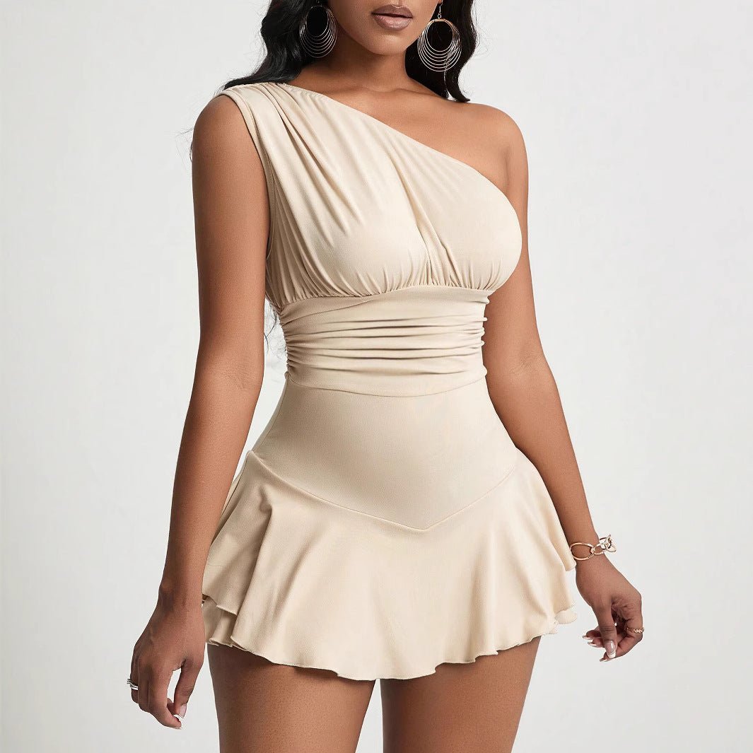 Bella Asymmetrical Ruffle Mini Dress in Beige, Women's One-Shoulder Asymmetrical Ruffle Mini Dress, Glamorous Party Cocktail Dress for Women, SOERA