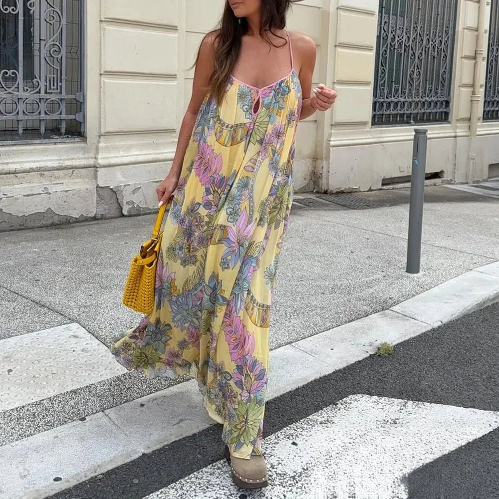 chiffon cami dress Womens Geometric Print Patchwork Print Chiffon Cami Maxi Dress Loose Fit Beach Lightweight Chiffon Airy Drape Flattering Drape, Yellow / S