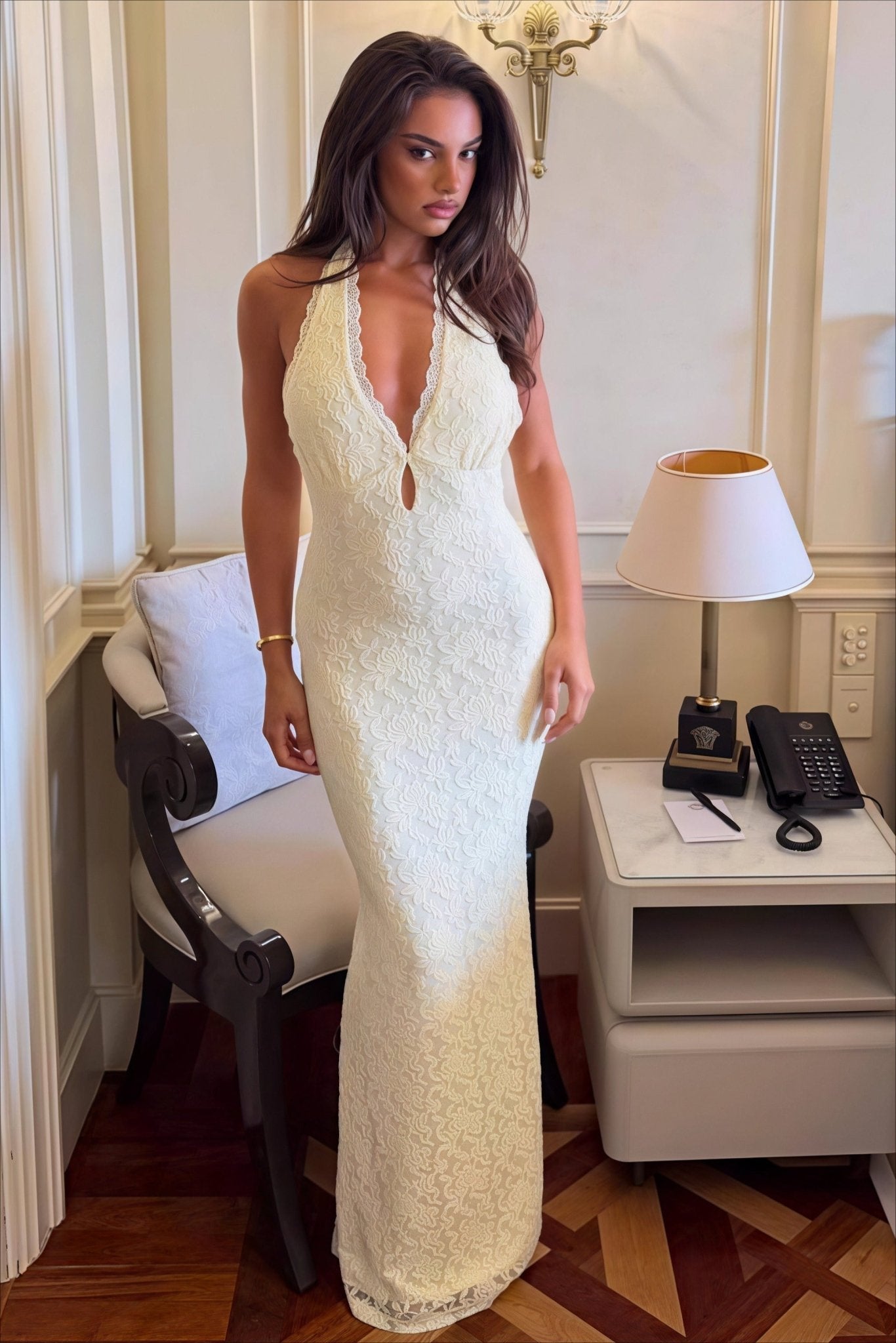 Ailhinn Lace fitted Maxi Dress in White, Women's Lace fitted Maxi Dress, Tie-Back Detail, Glamorous Formal Evening Wear, SOERA
