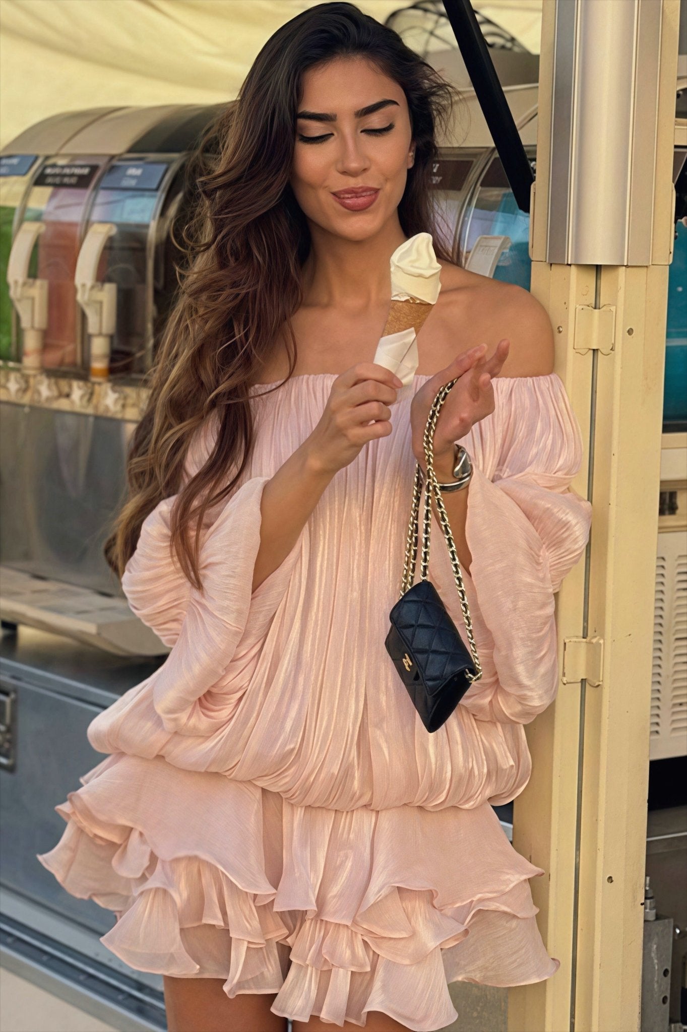 Bianca Off-Shoulder Ruffle Tiered Mini Dress in Light Pink, Women's Off-Shoulder Ruffle Tiered Mini Dress, Puff Sleeve, Layered Skirt, SOERA