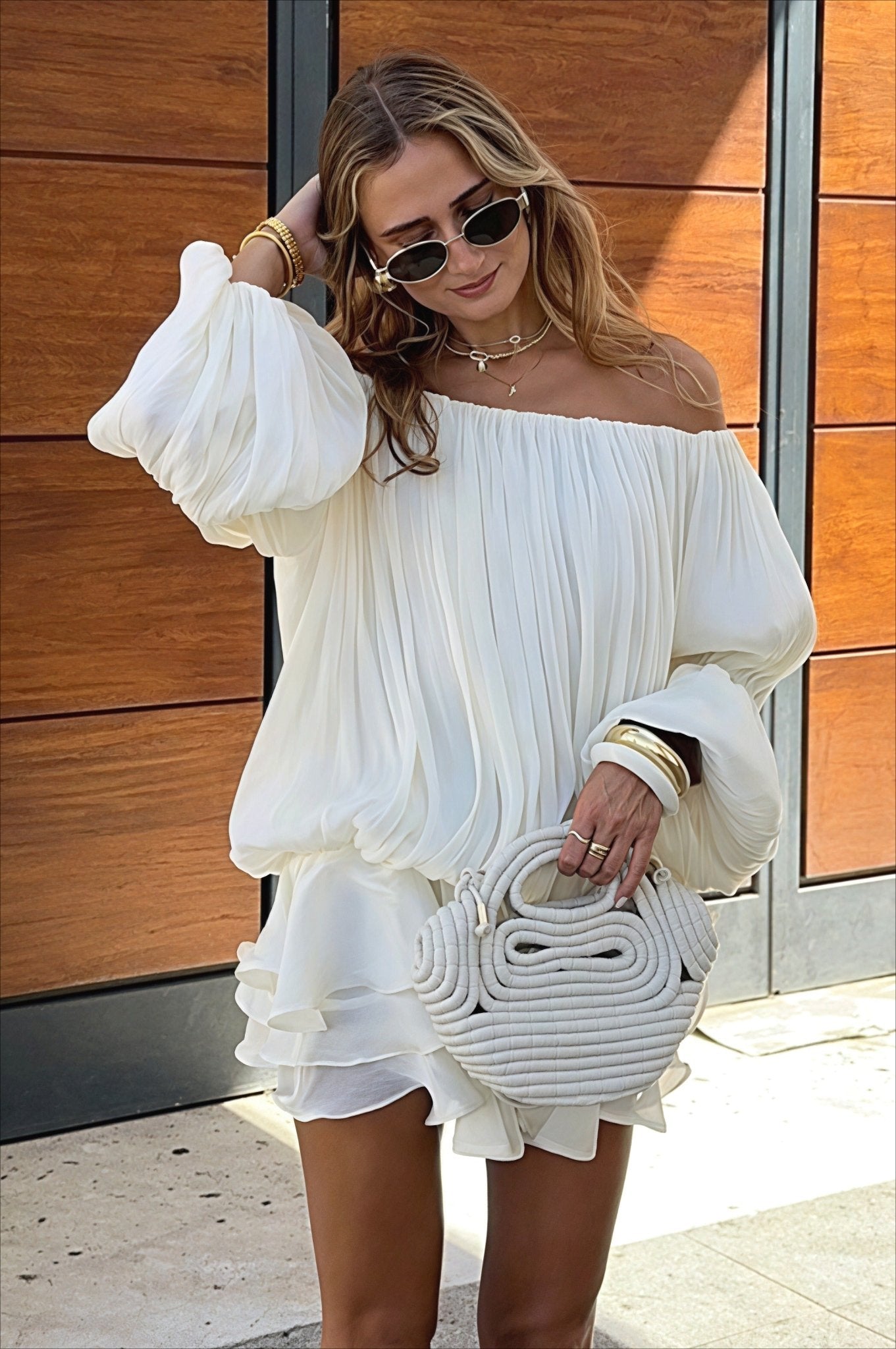 Bianca Off-Shoulder Ruffle Tiered Mini Dress in Light Pink, Women's Off-Shoulder Ruffle Tiered Mini Dress, Puff Sleeve, Layered Skirt, Size S, SOERA