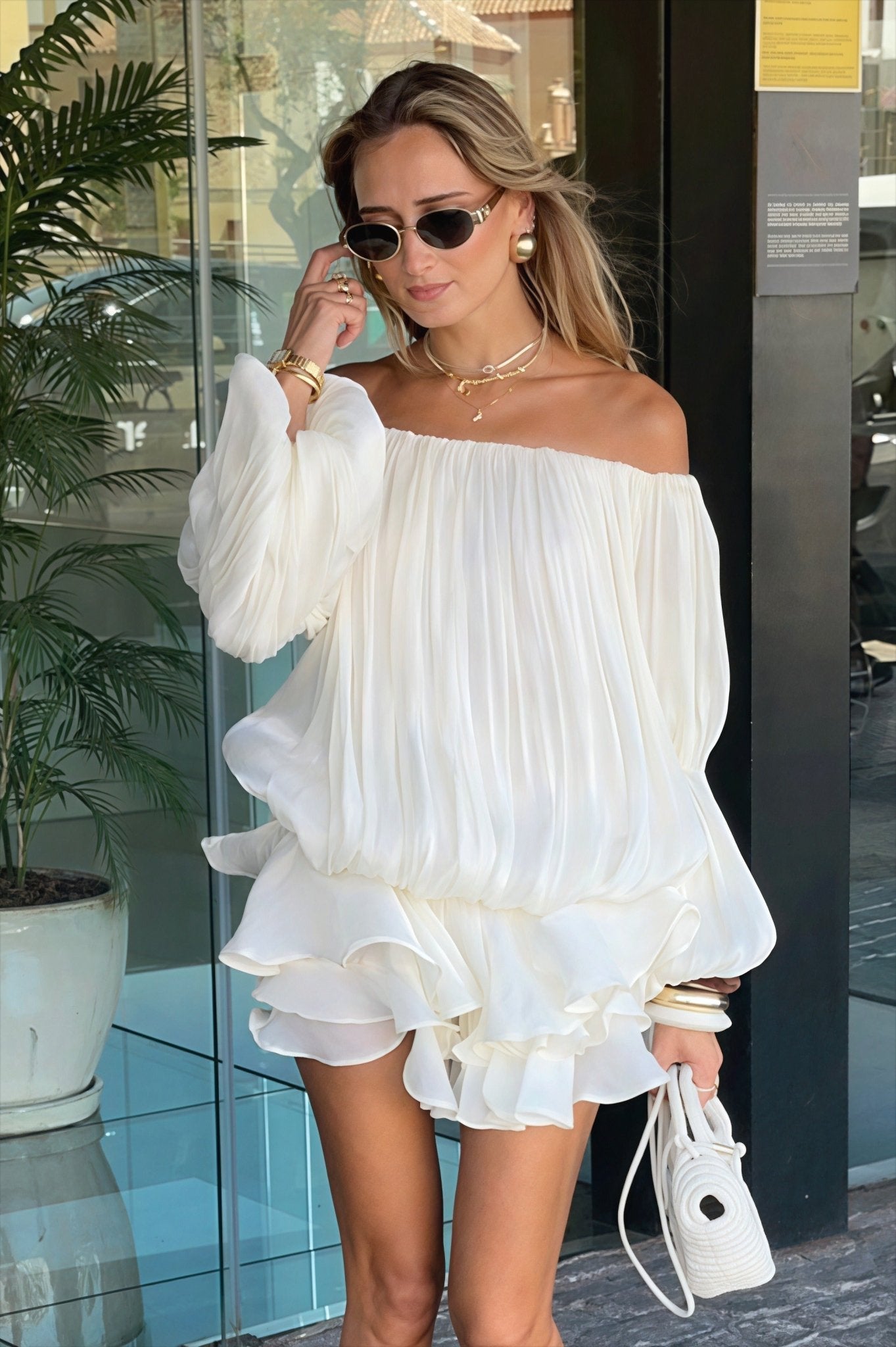Bianca Off-Shoulder Ruffle Tiered Mini Dress in Light Pink, Women's Off-Shoulder Ruffle Tiered Mini Dress, Puff Sleeve, Layered Skirt, Size S, SOERA