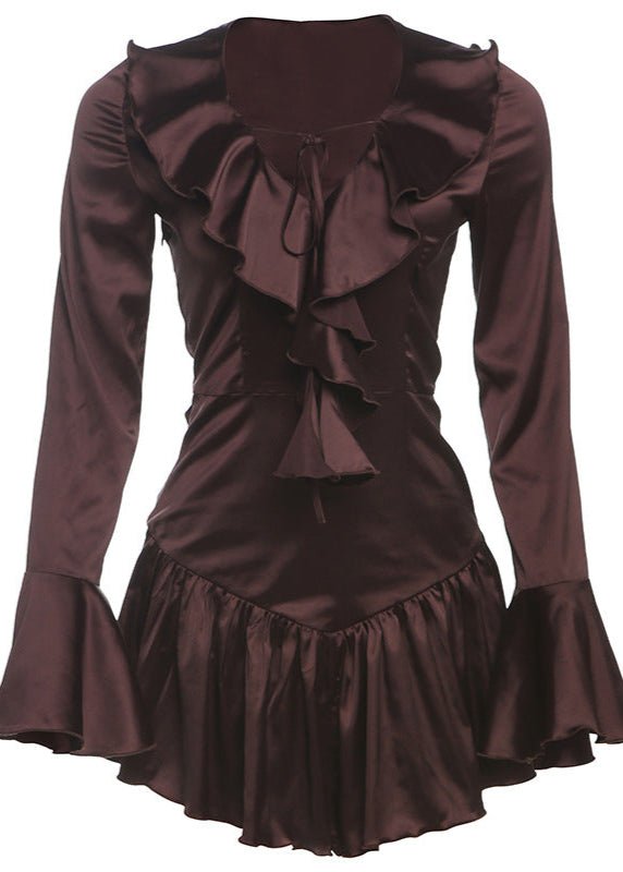 SOERA Bianca Satin Ruffle Lace - Up Mini Dress - Dress -  Brown S