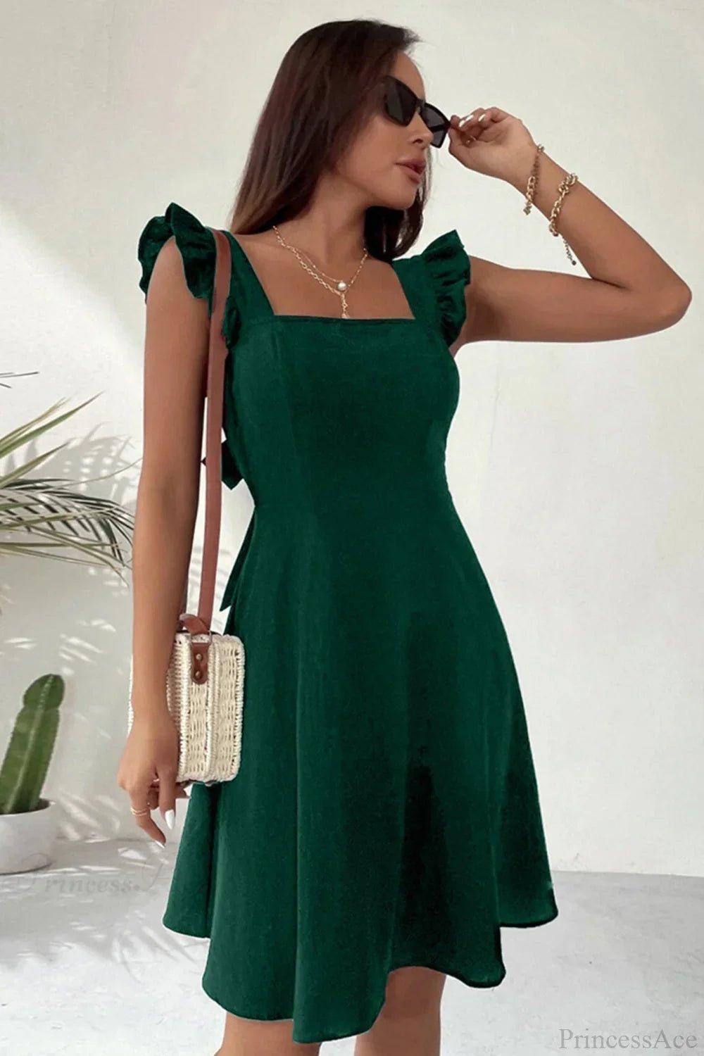 SOERA Bianca Sleeveless Mini Dress with Ruffle Tie - back - Dress -  Dark Green XS